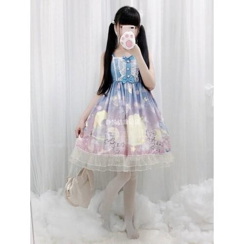 Summer lolita strap dress vintage bowknot cute printing high waist princess victorian dress kawaii girl gothic lolita cos loli