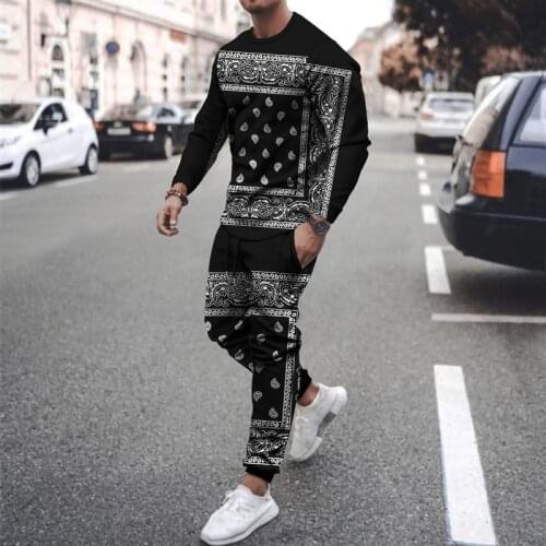 2021 summer fashion casual two-piece mens O-neck blouse drawstring trousers fashion personality printed mens clothing