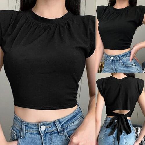 Summer Fashion Shoulder Pads High Waist Short Cut Hollow Strappy Top Women