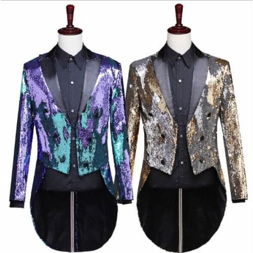 Mens sequins suit jacket singer costumes host dress dance jacket master of ceremonies Magician Tuxedo gold coat long shinny