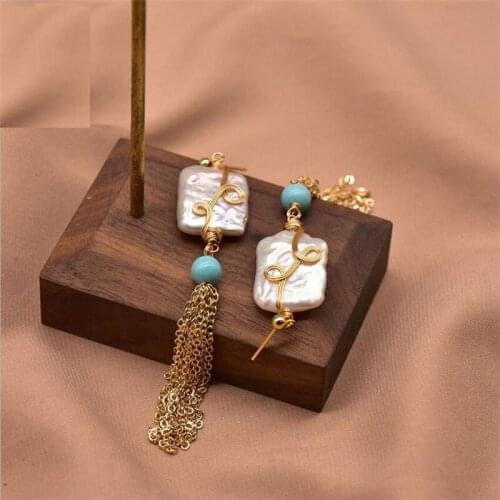 Natural Freshwater Baroque Pearls Earrings Luxury Jewelry Long Golden Tassel Flat Pearls Handmade Fine Accessories For Women New