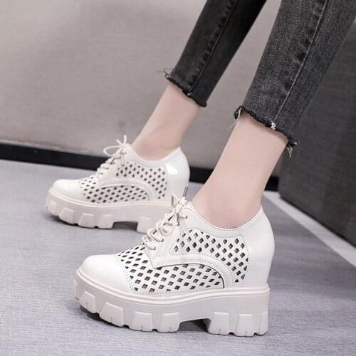 Spring And Autumn New Inner Increase Womens Small Leather Shoes Fashion Hollow Lace-Up Breathable Single Shoes