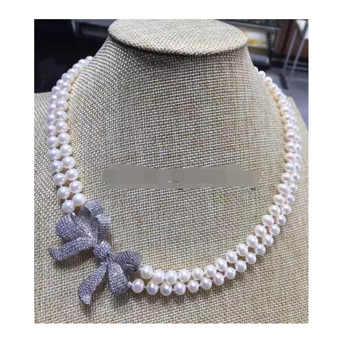 2row 17-18" 8-9mm white round freshwater pearl necklace - zircon bowknot