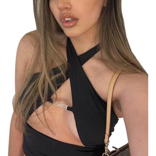 Close-fitting Cross Halter Neck Vest Women Solid Color Sleeveless Hollow Out Tops with Decorative Metallic Buckle Black/ White