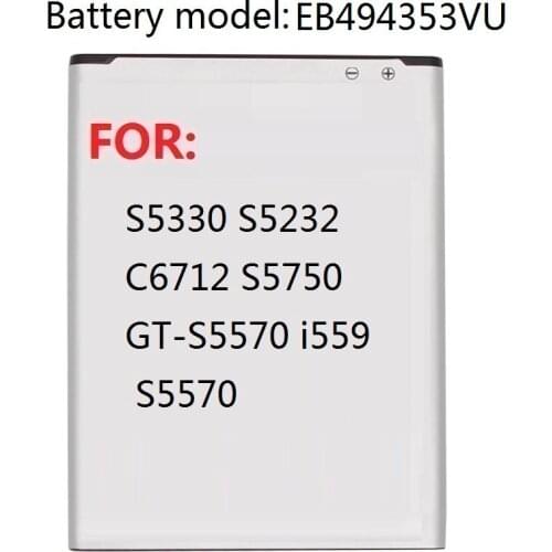Replacement Battery EB494353VU For Samsung S5330 S5232 C6712 S5750 GT-S5570 i559 S5570 Genuine Battery 1200mAh