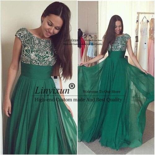 Dark Green Chiffon Evening Dresses 2020 Party dress Evening Gowns Crystals Beaded cap sleeve Pleated Formal Prom Dress Chiffon