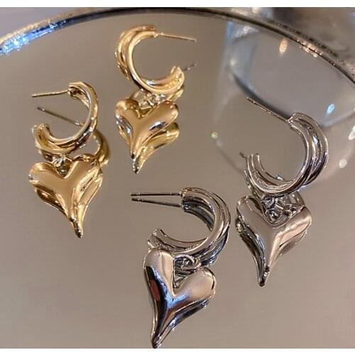 VSnow Minimalist Vintage Love Heart Double Layer C Shape Dangle Earring for Women Girls Gold Silver Color Metal Earring Jewelry