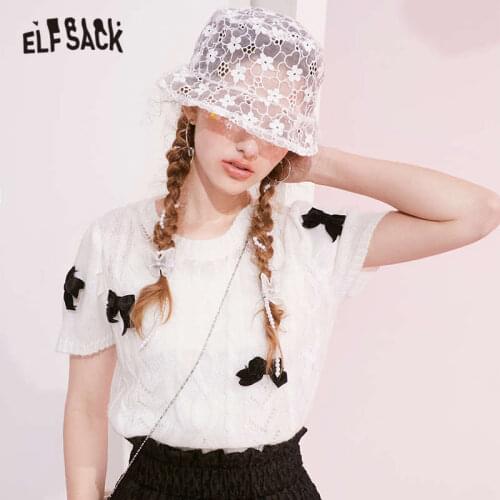 ELFSACK Solid Bows Applique Women Casual Knit Pullover Sweaters,2021 Summer Vintage Minimalist,Casual Girly Daily Sweet Top