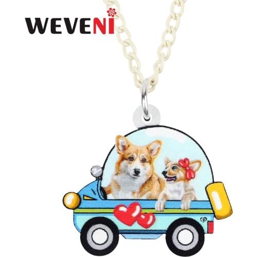 WEVENI Acrylic Sweet Heart Corgi Dogs Car Necklace Pendant Fashion Long Chain Unique Charms Gifts Party Jewelry For Women Girls