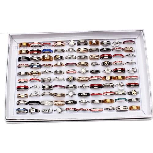 YingWu Wholesale Bulk Lots 20pcs Rings Mix Styles Top Womens unisex Fashion Rhinestone Stainless Steel Wedding Jewelry Gift