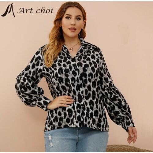 2021 Spring Elegant Leopard Blouse Shirts Women Office Ladies Tops Long Lantern Sleeve Sexy Trendy Female Slimming Plus Size