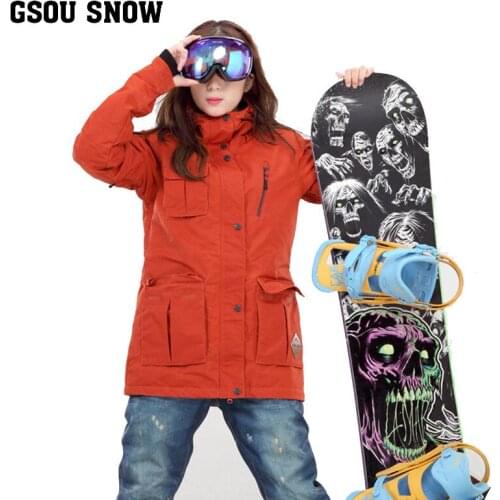 Womens Orange Medium-Long Ski Jacket Multi-Pocket Snowboard Cycling Anorak Female Waterproof 10K Warm Wear-Resistant Snow Coat