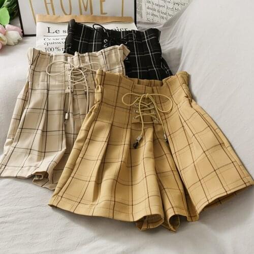 Women Summer High Waist Stylish Bandage Plaid Shorts 2021 Brand New Casual Wide Leg Pants