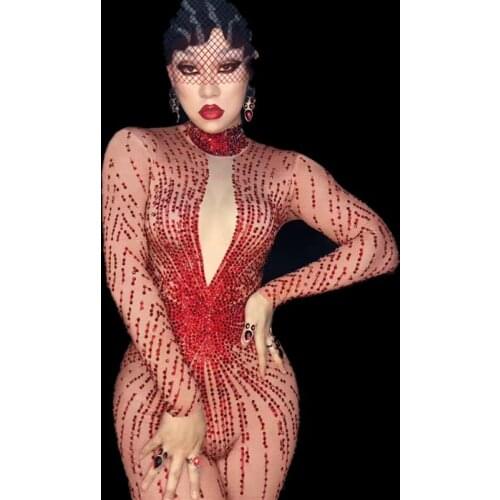 Womens Outfit Jumpsuit Birthday Celebrate Wear Female Singer Wear Shining Red Rhinestones Sexy Rompers Costume Bling Playsuit