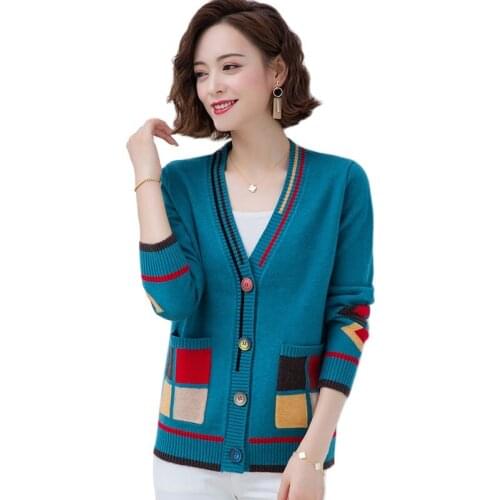 Autumn Knitted Women Cardigan Sweater Full Sleeve V-neck Color matching Wool Sweater Tops Fashion Loose Female Kni Coat Women