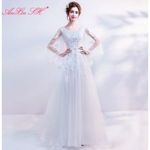 AXJFU Promotional Korean luxury crystal flower princess wedding dress vintage beading white lace v neck wedding dress 1926t