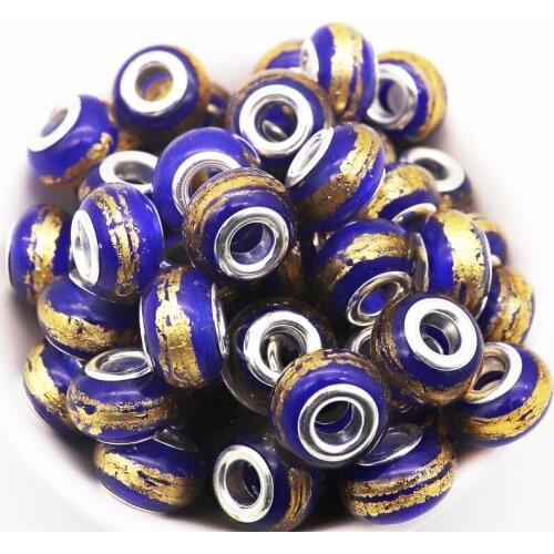 10Pcs/Lot Blue Color Gold Glitter Large Hole Spacer Beads Bulk Fit Pandora Bracelet Charm Bangle Necklace DIY for Jewelry Making
