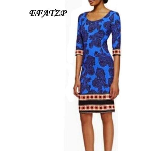 2015 European High Street Designer Dress Womens Gorgeous Half Sleeve Geometric Print Knee Length Bodycon Jersey Silk Dress