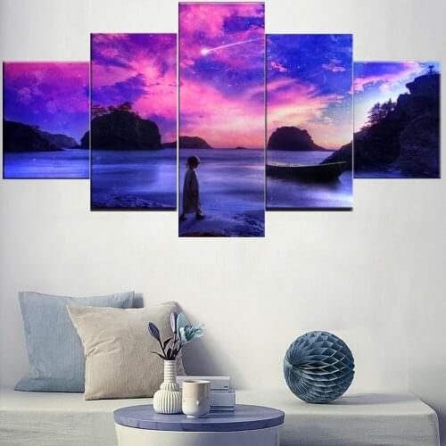 5 Pieces Wall Art Canvas Painting Animation Poster Purple Sky Seascape Decoration Living Room For Pictures Modular Home