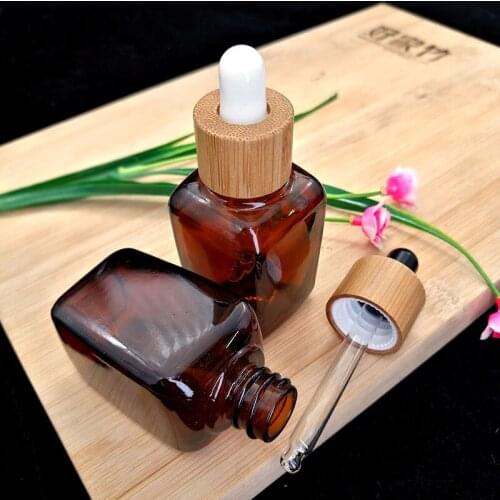 50pcs 30ml amber square glass pipette bottle cosmetic essential oil dropper packaging container with wood grain bamboo lid