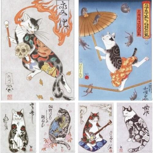 Full Square/round Drill 5D Diy Diamond Painting Japanese Samurai Cat 3D Diamond Embroidery Cross Stitch Retro Home Decor Gift