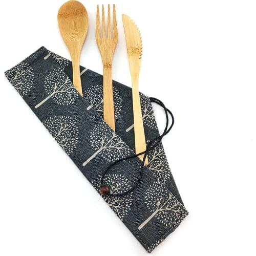Bamboo Portable Reusable Utensils With Nylon Toothbrush Bamboo Case Travel Cutlery Set Camping Utensils Fork Spoon Knife Set