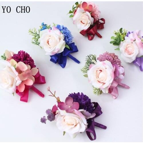 YO CHO Men Boutonniere Bridal Wrist Corsage DIY Silk Rose Bracelet Personal Flower Accessories for Wedding Party Prom Business