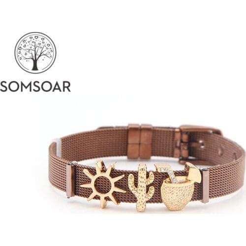 Dropshipping Somsoar Jewelry Coffee Charm Mesh Bracelet Set 2019 Classical collocation with Stainless steel bracelet gold Charms