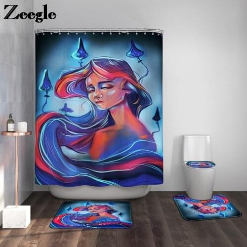 Art Printing Bathroom Carpet Rug Waterproof Shower Curtain Bath Mat Set Non-slip Toilet Seat Cushion Home Decoration Toilet Mat