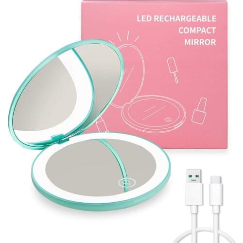 AMSIC LED Compact Mirror 1x/10x Magnification Dimmable Small Lighted Travel Makeup Mirror for Purse Portable Folding Handheld
