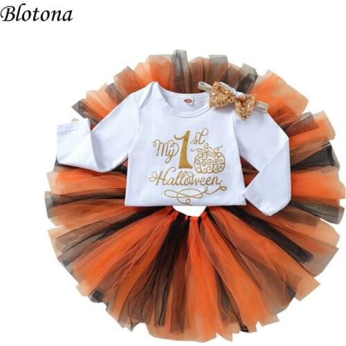Blotona 3Pcs Toddler Halloween Outfits, Letter Print O-Neck Long Sleeves Romper + Tutu Skirt + Headband for Girls, 0-18Months