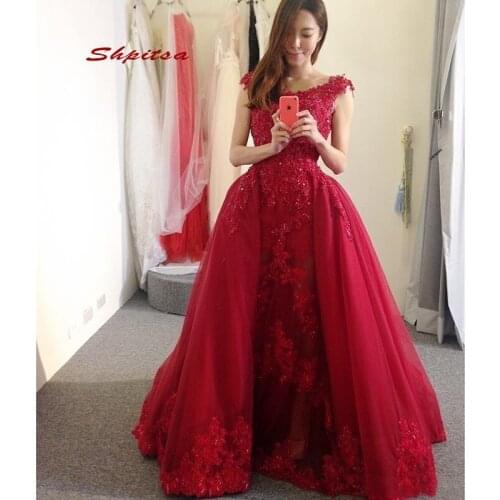 Red Long Lace Evening Dresses Party Sexy Plus Size Detachable Skirt Ladies Women Prom Formal Dresses Evening Gown