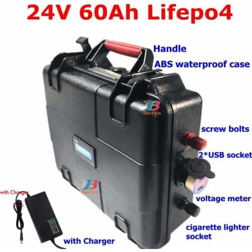 Portabl 24V 60AH Lifepo4 lithium battery battery with 8s BMS USB port for solar panel camping Tourist boat +5A Charger
