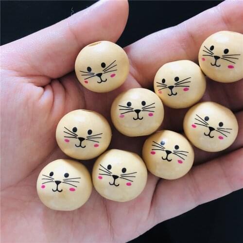 Natural Round Spacer Wooden Beads Cartoon Expression Lovely Cute Cat Smiling Face Kitty Wood Beads 18mm Baby Jewelry Findings