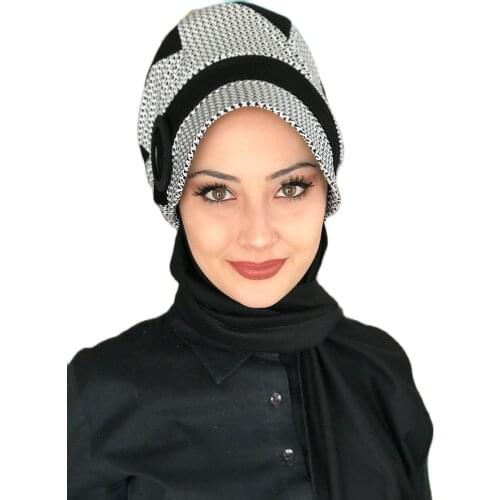 New Fashion 2021 Headscarf Turban Women Hat Spring Scarf Bad-ı Saba Black and White Patterned Passionflower Buckle Black Hat
