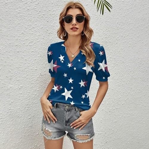 Casual Striped T Shirt Summer Clothes For Women Fashion Elegant Short Sleeve V-neck Tee Shirt Femme Blue Slim Print T-shirts Top