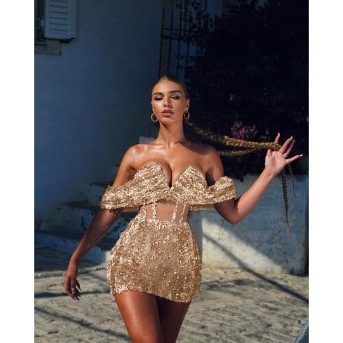 Luxury Women Sexy Off Shoulder Sequin Mini Dress Sparkle Gold Rose Waist Hollow Out Ultra Short Outfit Club Wear Party Dress