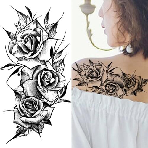 DIY Flower Temporary Tattoo Fake Pencil Sketch Rose Tatoo For Women Girl Body Art Arm Chest Tatoo Waterproof Black Tatoo Sticker
