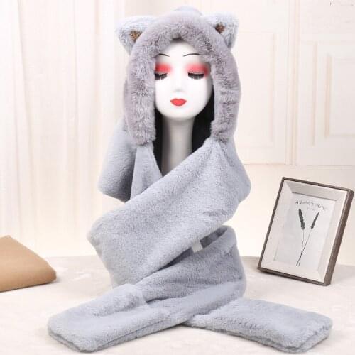 New Cute Cat Ears Plush Hat Womens Winter Fashion Outdoor Warm Ear Protection Cap Scarf Gloves In One Шапка Женская