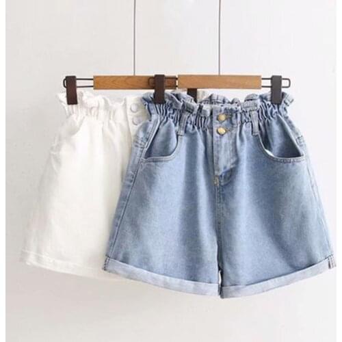 Women Casual Loose Ladies Fashion Roll Up Hem Elastic Waist Pocket Blue White Jeans Summer High Waist Denim Shorts