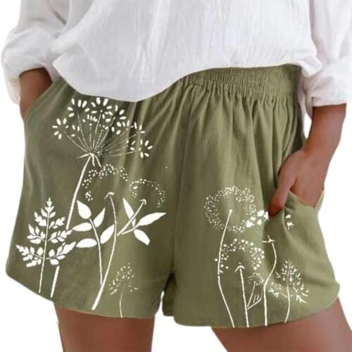Women Shorts High Waist Dandelion Print Elastic Waist Pockets Loose Shorts Bottoms Summer High Waist Women Casual Shorts