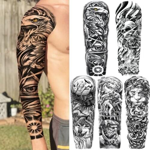 Geometry Rudder Eagle Temporary Tattoos For Men Women Fake Wolf Lion Tattoo Sticker Full Arm Sleeve Black Skeleton Tatoo