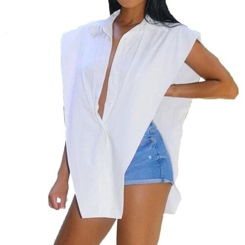 Novelty Design Female Tops Cut Out Side Button Up White Shirt Women Fashion Clothing Sleeveless Oversized Shirts