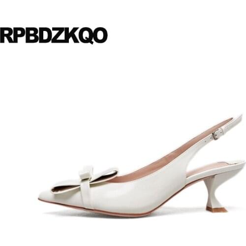 Pointed Toe Strap Women Pumps Patent Leather Genuine Medium Heels Blue Kitten Beige Size 33 Strange Shoes Slingback Bow Sandals