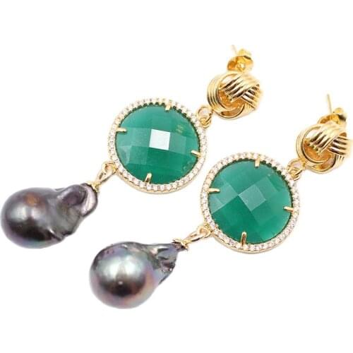 GG Jewelry Natural Black Baroque Pearl Green Jades Coin CZ Paved Gold Color Flower Stud Earrings CZ Fitting Handmade For Women
