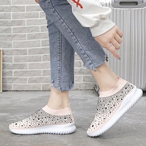 Womens Mesh Flat Shoes Rhinestone Shining Slip-on Casual Shoes For Woman Walking Sneakers Loafers Soft Shoes