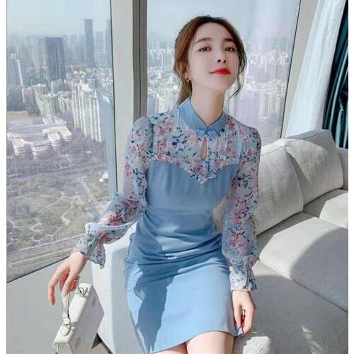 Womens Oriental Style Dresses Flower Applique Ancient Traditional Qipao New Short Cheongsam Restore Modern Chinese Dress Party
