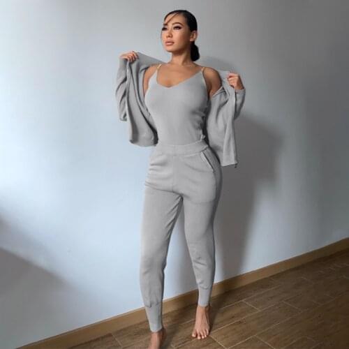 2021 Women Autumn Winter Chain V Neck Top Zipper Coat Streetwear Bodycon Stretchy Solid Pants Casual 3 Pieces Sets