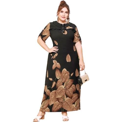 Women Spring Autumn Dress Plus Size 2021 Leaves Print Short Sleeve Casual Dress Loose Oversized Ladies Tunic Maxi Long Dresses