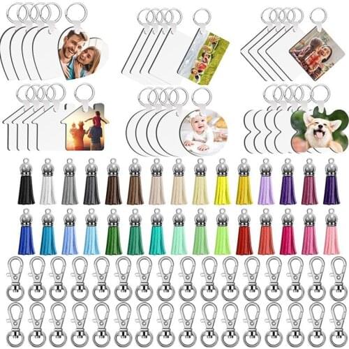 90 Pieces Sublimation Blank Keychains Kits with Tassel Heat Transfer Keychain MDF Blank Keychain Blank DIY Keychain
